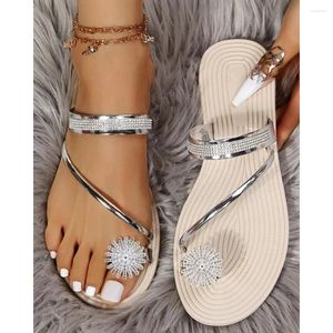 Slippers 2024 Zomer Women Rhinestone Floral Pattern Sandaal Casual Design Outdoor Teen Ring Beach Flip Flops Shoes Going Out