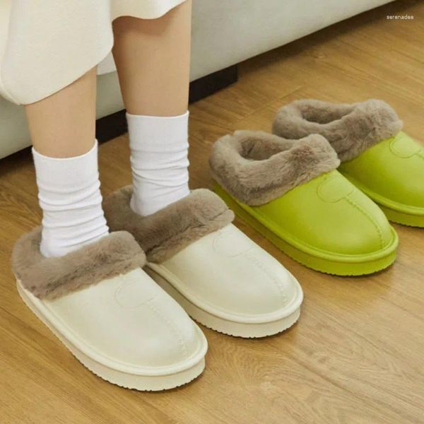 Pantoufles d'hiver en cuir imperméables, chaussures chaudes et épaisses en peluche à semelle souple, unisexe, pour l'extérieur et l'intérieur, diapositives en fourrure, 2024