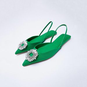 Slippers 2024 Dames Sandalen Puntige Zomer 729 Flats met Diamant Fee Temperament Groene Zijde Elegante Sandalias Mujer Schoenen 190