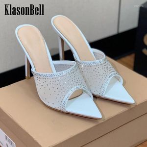 Slippers 3.26 Klasonbell 2024 Open teen Slip-on sexy puntige Rhinestone Mesh High Heel Sandals Party Feest trouwschoenen