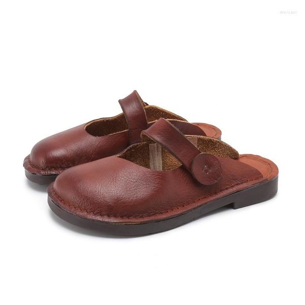 Pantoufles 328-12 Sandales en cuir de vachette à la mode avec pieds ronds Coutures faites à la main à l'intérieur et à l'extérieur des femmes