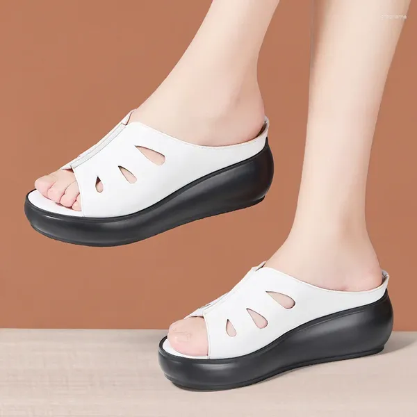 Slippers 6cm Small Size 32-43 Fashion Soft Leather Summer Platform Plateforme 2024 Femmes Med Heels Cendages Slides Office Mom Beach