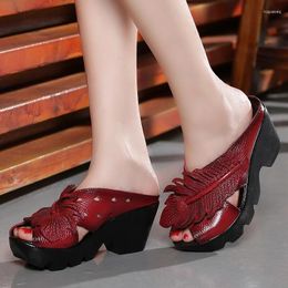 Zapatillas 7 cm Sandalias de mujer Retro Apliques de verano Zapatilla Plataforma de cuero genuino natural Cuña Auténtica Roma Peep Toe Zapatos de diseñador