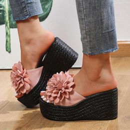 Slippers 9 cm hakken zomer strandplatform dames wig slippers appliques vlinderknoop vrouwelijke sandalen verstopping schoenen glijbanen dames slippers j230502