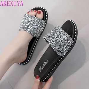 Zapatillas AKEXIYA Mujeres Verano Moda Lentejuelas Sandalias Casuales Use Flat Bottom Flip Shoes Flops Sparkle