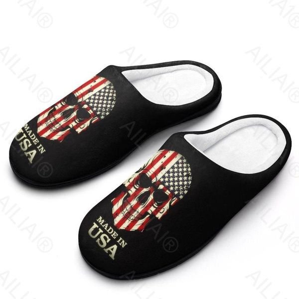 Pantoufles Drapeau Américain Crâne (2) Sandales En Peluche Décontracté Garder Au Chaud Chaussures Thermique Hommes Femmes Pantoufle Mode Anime Chaussure