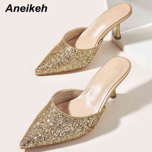 Zapatillas Aneikeh nuevo Sexy punta estrecha verano fiesta al aire libre sandalias Bling decoración mujeres mulas fino tacón alto tamaño 35 40 220304