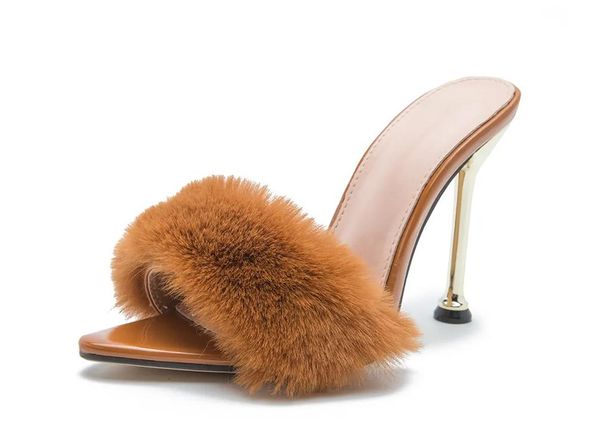 Pantoufles Mujer Sexy troupeau femmes chaussures été tête bout pointu plume douce mince talon haut mode Mules dames fête