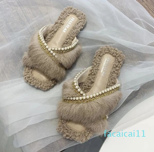 Pantoufles Apanzu hiver chaud véritable fourrure curseur femmes perles paillettes brillant peluche chaussures pour femmes femmes fourrure naturel lapin cheveux chaussures