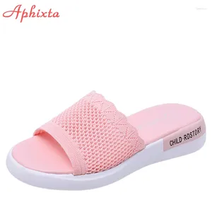 Slippels Aphixta 2024 Pink katoenen stof Flip Flops vrouwen lage wig hiel met zomerlucht mesh mode peep teen muilezels glijbanen