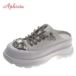 Pantoufles Aphixta Cristaux De Luxe À Lacets Toe Plate-Forme Pantoufles Femmes Strass Diapositives Toile Bling Chaussures Wedge Semelle Épaisse Diapositives J230613