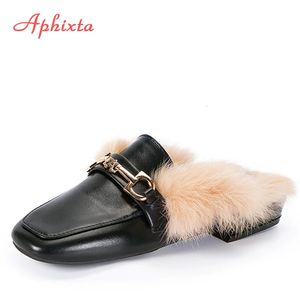 Pantoufles Aphixta luxe métal boucle réel lapin cheveux pantoufles femmes chaussures vraie fourrure talon carré chaud Mujer diapositives Plus grande taille 34-43 231123