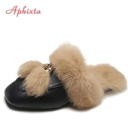 Zapatillas Aphixta, zapatillas de piel auténtica, zapatos para mujer, mulas, zapatillas peludas para mujer, zapatos cálidos de invierno para mujer, zapatillas de moda con pelo de conejo 231110