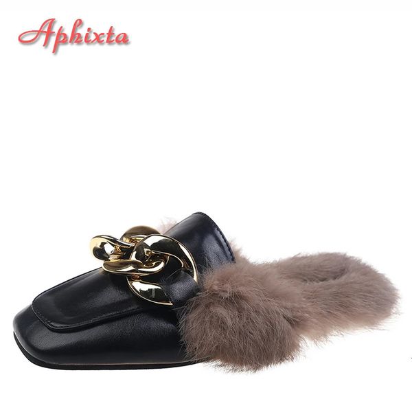 Zapatillas Aphixta invierno cadena grande larga piel de conejo real felpa mujeres zapatillas naturaleza cálido zapatos peludos punta cuadrada tacón plano diapositivas de pelo 231130