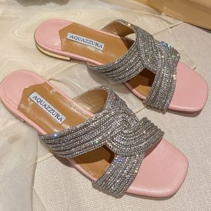 Zapatillas Aquazzura zapatos de diamantes de imitación de tacón bajo zapatos de boda de encaje plano de encaje plano zapatos de diseño de lujo zapatos para mujeres con zapatos 42