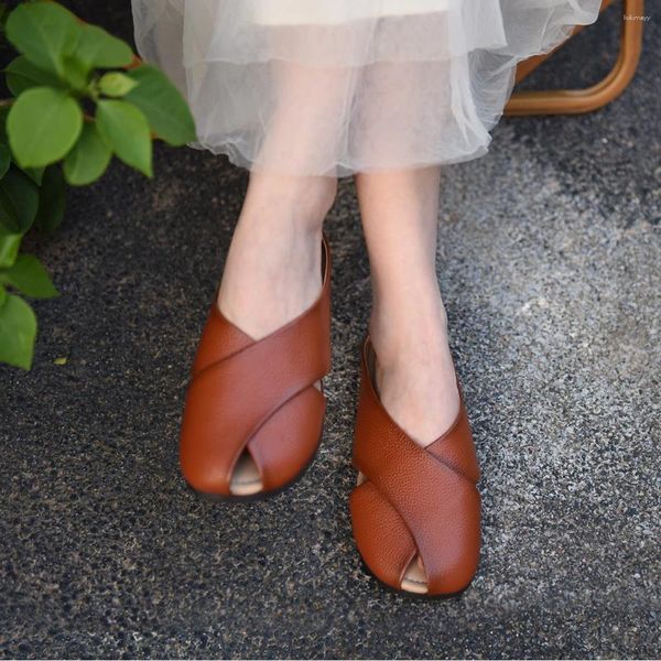 Zapatillas Artmu Toe Women Cinturón cruzado zapatos de cuero genuino tacón bajo elegante elegante verano al aire libre para damas