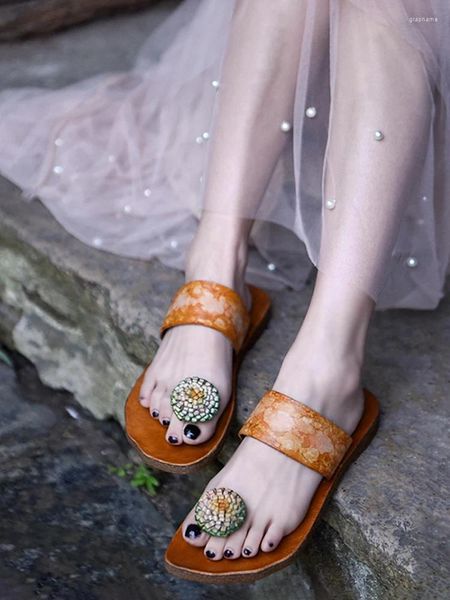 Zapatillas Artmu Chanclas de cuero genuino Zapatos de mujer Pisos Sandalias de playa de verano Al aire libre Casual Verde Damas Diapositivas