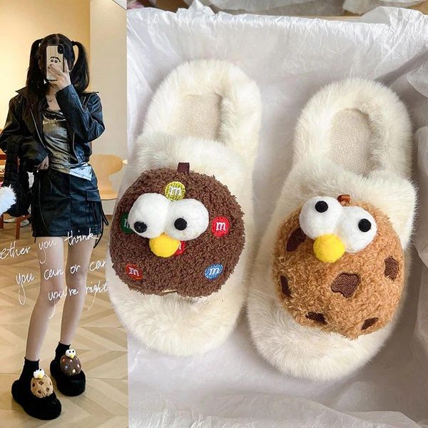 Pantoufles ASIFN 2024 Mignon Peluche M Bean Vêtements d'extérieur pour femmes Automne et hiver Dortoir Réseau Anti Slip Coton