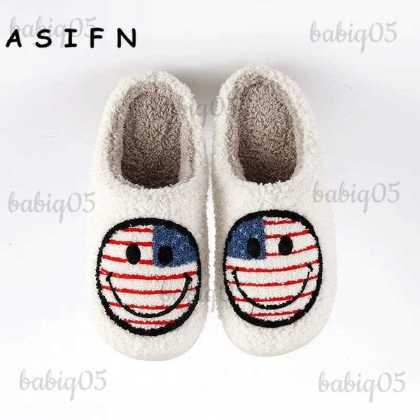 Pantoufles ASIFN drapeau américain pantoufles visage femmes maison hiver Style moelleux maison mignon impression floue plat dames intérieur HouseShoes T231116