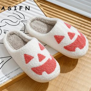 Pantoufles ASIFN Halloween pantoufles pour femmes maison fantôme visage citrouille doux en peluche confortable intérieur flou hiver chaussures d'hiver cadeau Zapatos De Mujer 231013