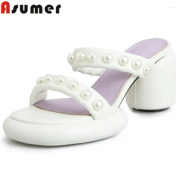 Zapatillas asumer 2024 cuentas de cuerda redonda tacones altos zapatos de vestir para mujeres de piel de oveja zapatos de vestir