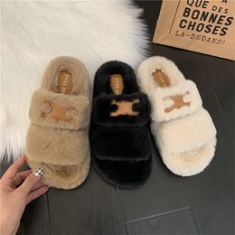 Slippers Herfst Winter Nertsenhaar Konijnenhaar Schapenwol Dame Draag Dikke Bodem Platte Haarschoenen Uitgaan Meisjes Met Rok Haarpantoffels 231116