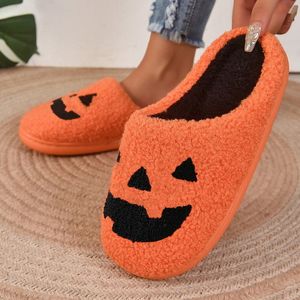 Slippers Herfst Winter Vrouwen Warm Pluche Halloween Pompoen Mannen Ghost Grappig Gezicht Platte Zachte Gezellige Indoor Fuzzy Huis Schoenen 230921