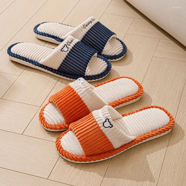 Slippers Automne Fabric de lin rayé pour femmes Art Japonais Couples Indoor Home Simple Coton Soft Sole Anti Slip Men