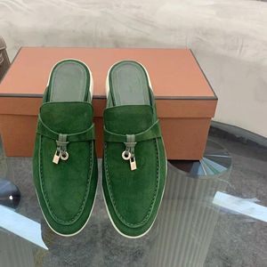 Slippels Babouche Summer Walk Loafers kaki suede slipper vrouwen platte schoenen echt lederen casual muilezels metalen slot kwamen mocassin zacht