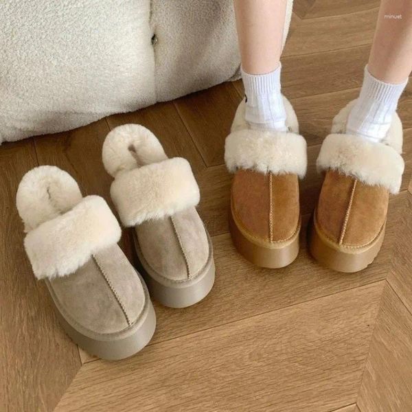 Zapatillas Baotou peluche para mujeres en casa/exterior 2024 Plataforma cómoda y cómoda dos usos sólidos espesas zapatillas de algodón