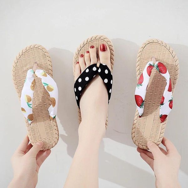 Zapatillas Chanclas De Playa Para Mujer Hogar Lino Diapositivas Sandalias Planas Zapatos Interior Antideslizante Piña Fresa