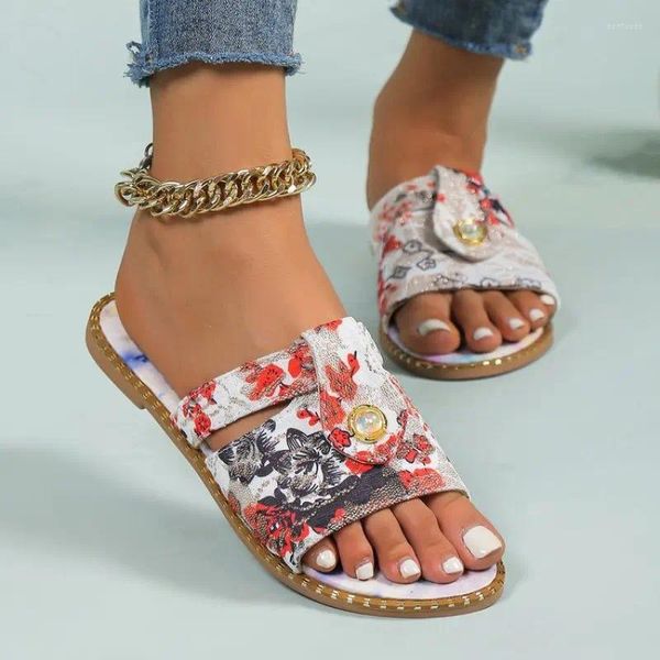 Pantoufles fleurs perlées sandales à talons plats femmes été 2024 plus taille 42 43 Toe ouvert Bohemian Femme Élastique STRAP ROME ROME