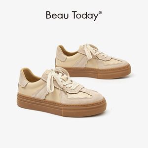 Slippers BeauToday Casual Sneakers Women Suede Leather Patchwork Mixed Colors Lace-Up Round Toe Shoes Ladies Flats Handmade 29816 230201