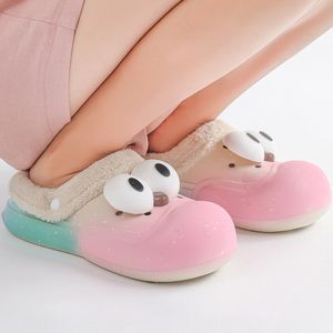 Slippers Grote Ogen Decor Winter Dames Schattig Warm Nepbont Thuis Pluche Cartoon Voering Pluizige Gezellige Platte Antislipzool Dames Schoenen 230921