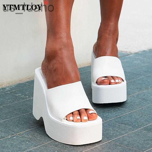 Pantoufles Grande Taille 43 Été Noir Blanc Mules À Talons Chunky Talons Hauts Loisirs À La Mode Plateforme Compensées Sandales Chaussures Pour Femmes 2022 J230620