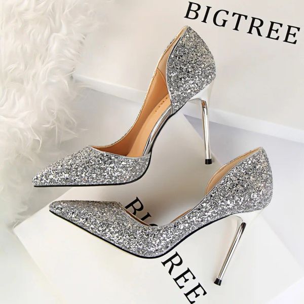 Slippers bigtree femmes talons pompes de mariage or sier paillettes à talons hauts dames fesses de soirée paillettes de chaussures