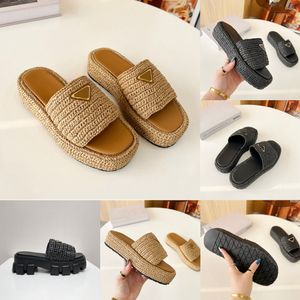 Pantoufles Noir Naturel Crochet Tissu Plateforme Sandales Pantoufles Tissé Plate-Forme Mule Femmes Casual Chunky Bottom Slide Summer Beach Flip Flop