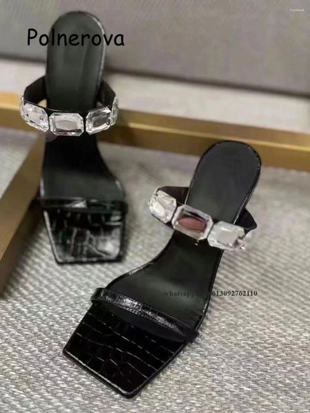 Zapatillas de tono cuadrado negro diamante grano abierta zapatos para mujeres de banda estrecha correa delantera sexy tacón grueso