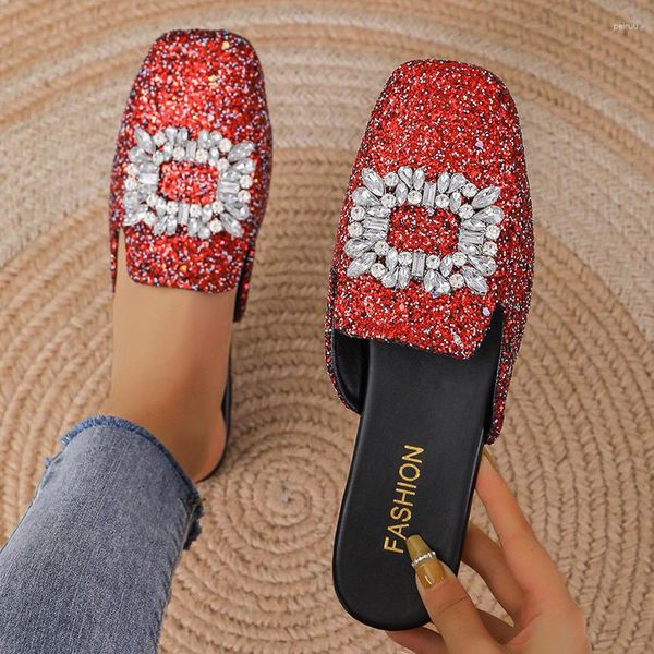 Pantoufles Bling cristal appartements femmes Mules chaussures 2023 sandales été concepteur Slingback tongs diapositives décontractées