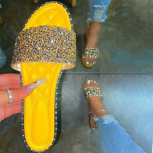 Zapatillas Bling Rhinestone Crystal Slides Mujer Verano Zapatos planos Costura Sliders Mujer Venta al por mayor Ins Trending 202201THSO H240322