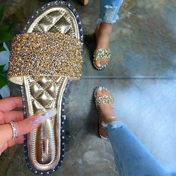 Zapatillas Bling Rhinestone Crystal Slides Mujer Verano Zapatos planos Costura Sliders Mujer Venta al por mayor Ins Trending 2022019ZO0 H240322