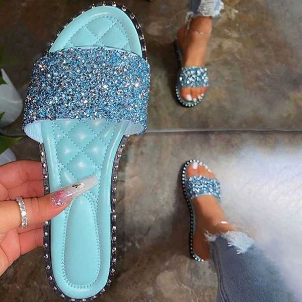 Zapatillas Bling Rhinestone Crystal Slides Mujer Verano Zapatos planos Costura Sliders Mujer Venta al por mayor Ins Trending 202201V24V H240322