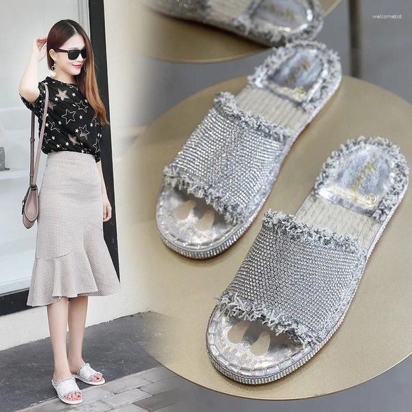 Pantoufles bling paille femme ouverte ouverte bande cristal sandales plates mujer chaussures pêcheurs d'été femme tongs paillettes