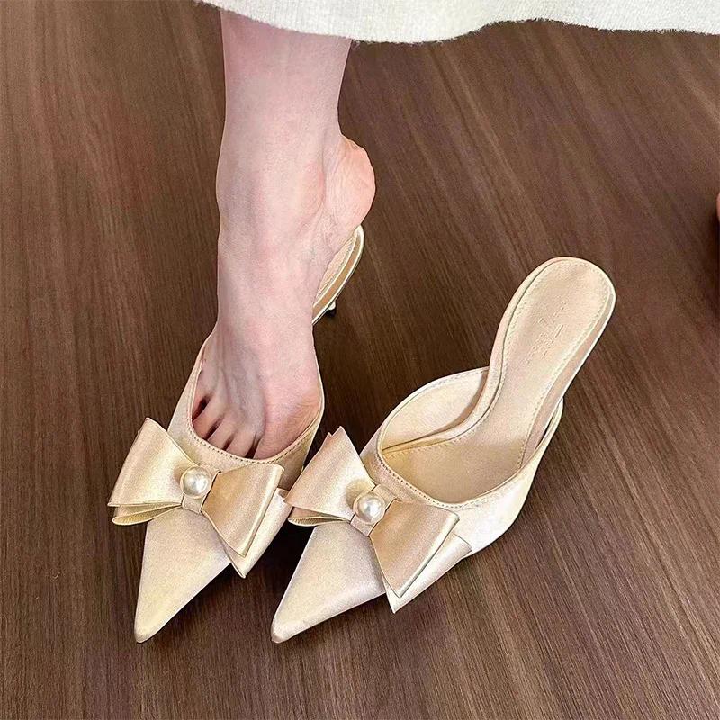 Slippers Bow High Heels Women Sexy Mules Shoes Summer Dress Sandals Party Flip Flops 2024 Designer Fad Pumps Mujer Slides