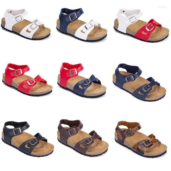 Pantoufles garçons chaussures décontractées filles boucles sandales enfants été plage en cuir tongs semelle en bois diapositives port confortable avec boîte à chaussures