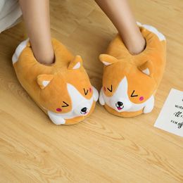 Pantoufles marque Corgi chien dessin animé mignon Double Shiba Inu chaud en peluche maison Slip coton Pad chaussures taille unique 231118