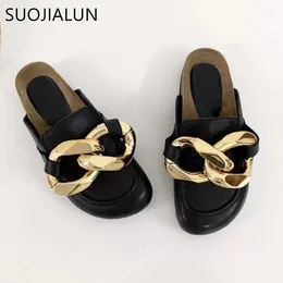 Slippers merk ontwerp vrouwen slipper mode mode grote gouden ketting sandalen schoenen ronde teen slip op muilezels platte hiel casual glijbanen flip f