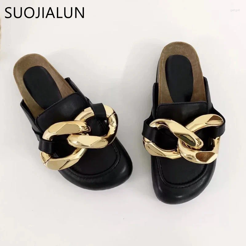 Hausschuhe Marke Design Frauen Slipper Mode große goldene Kette Sandalen Schuhe runden Zehen auf Maultier flache Ferse Freizeitrutschen Flip f