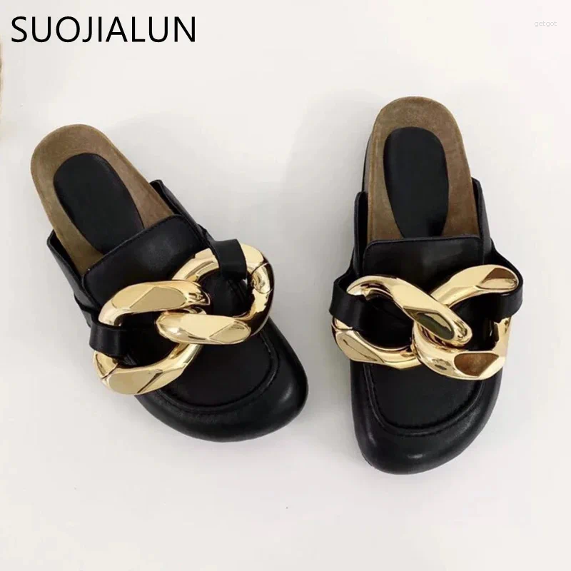 Slippers Brand Design Women Women Slipper Fashion Big Chain Sandals Sapatos redondos do dedo do pé MULES