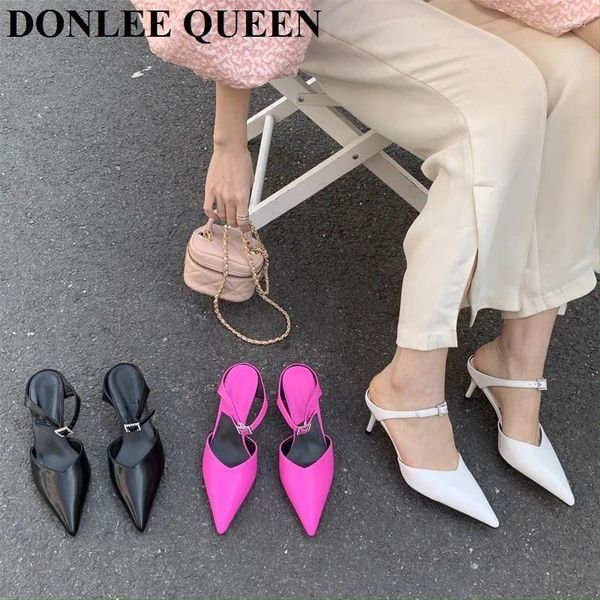 Pantoufles Marque Designer Femmes Slip sur Mules Talons Bout Pointu Pompes Chaussures Bonbons Couleur Slide Sandale Été Tongs Mujer